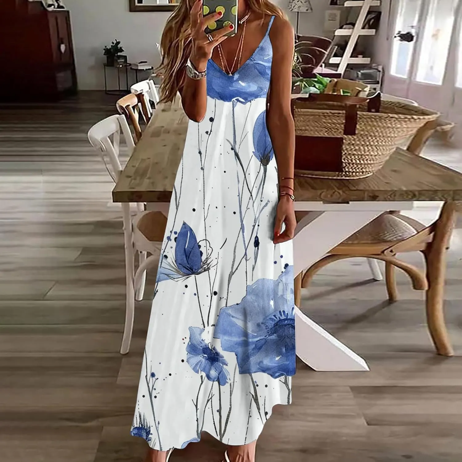 Womens Summer Boho Maxi Dress Spaghetti Strap V-neck Long Sundresses Beach Floral Sexy Loose Flowy Trendy Dresses
