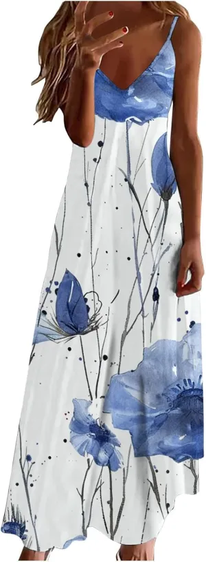 Womens Summer Boho Maxi Dress Spaghetti Strap V-neck Long Sundresses Beach Floral Sexy Loose Flowy Trendy Dresses