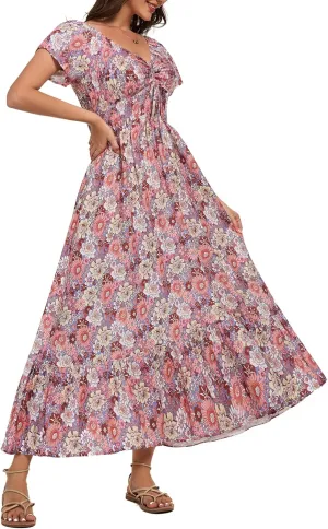Women's Summer Casual Short Sleeve V Neck Smocked Elastic Waist Tiered Boho Floral Flowy Maxi Dress
