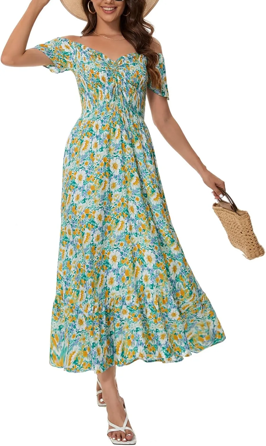 Women's Summer Casual Short Sleeve V Neck Smocked Elastic Waist Tiered Boho Floral Flowy Maxi Dress