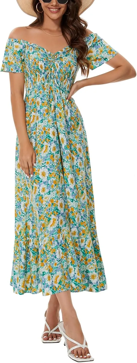 Women's Summer Casual Short Sleeve V Neck Smocked Elastic Waist Tiered Boho Floral Flowy Maxi Dress