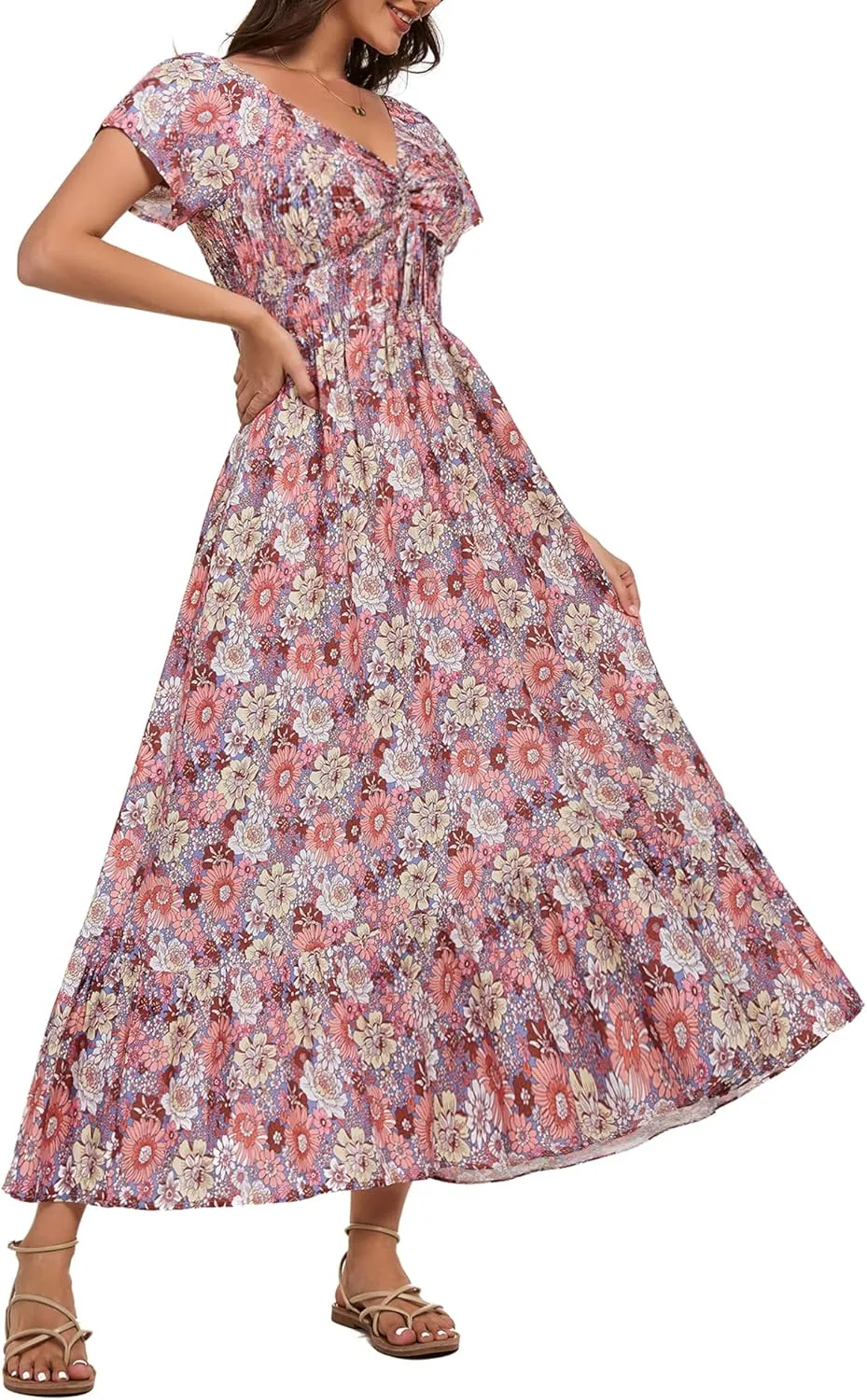 Women's Summer Casual Short Sleeve V Neck Smocked Elastic Waist Tiered Boho Floral Flowy Maxi Dress