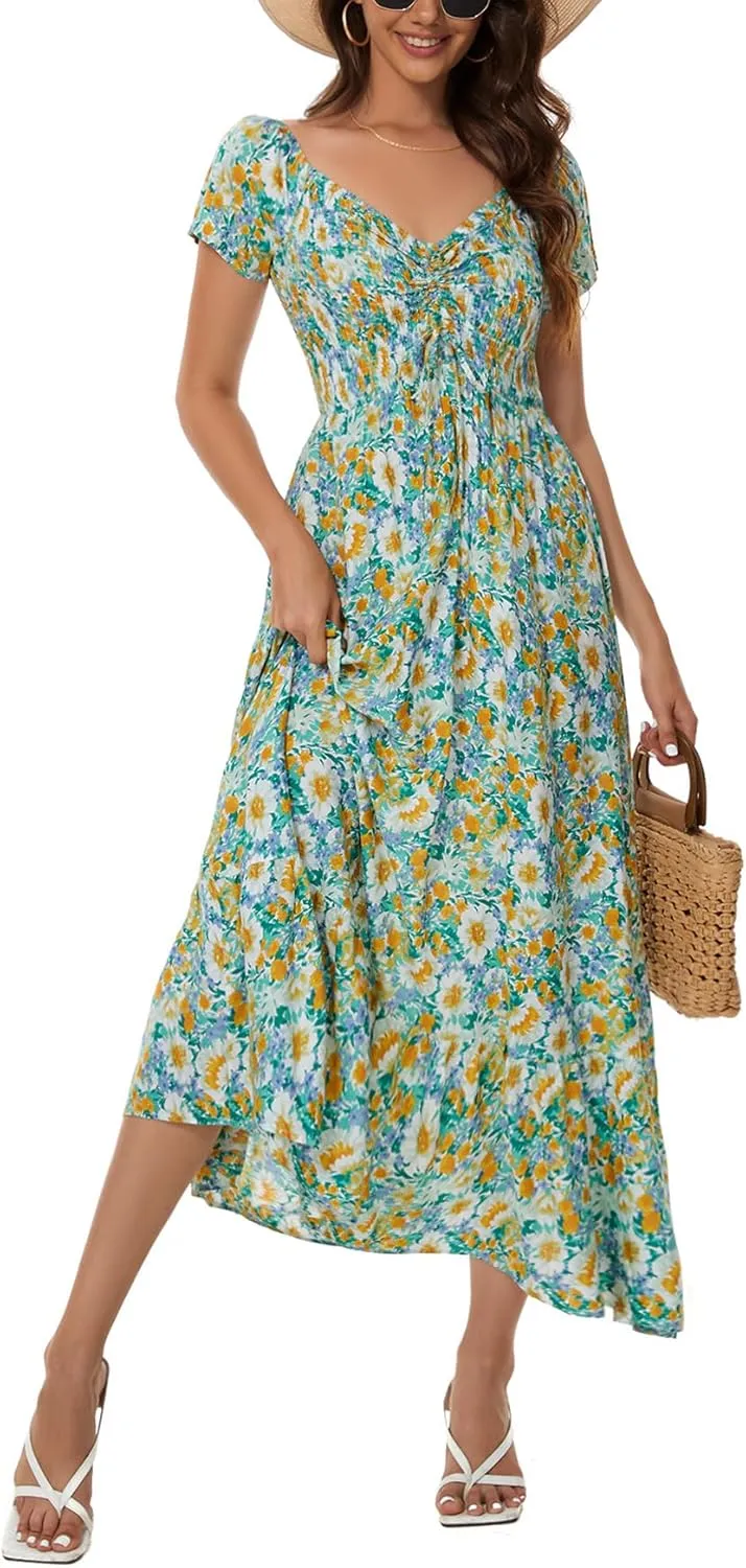 Women's Summer Casual Short Sleeve V Neck Smocked Elastic Waist Tiered Boho Floral Flowy Maxi Dress