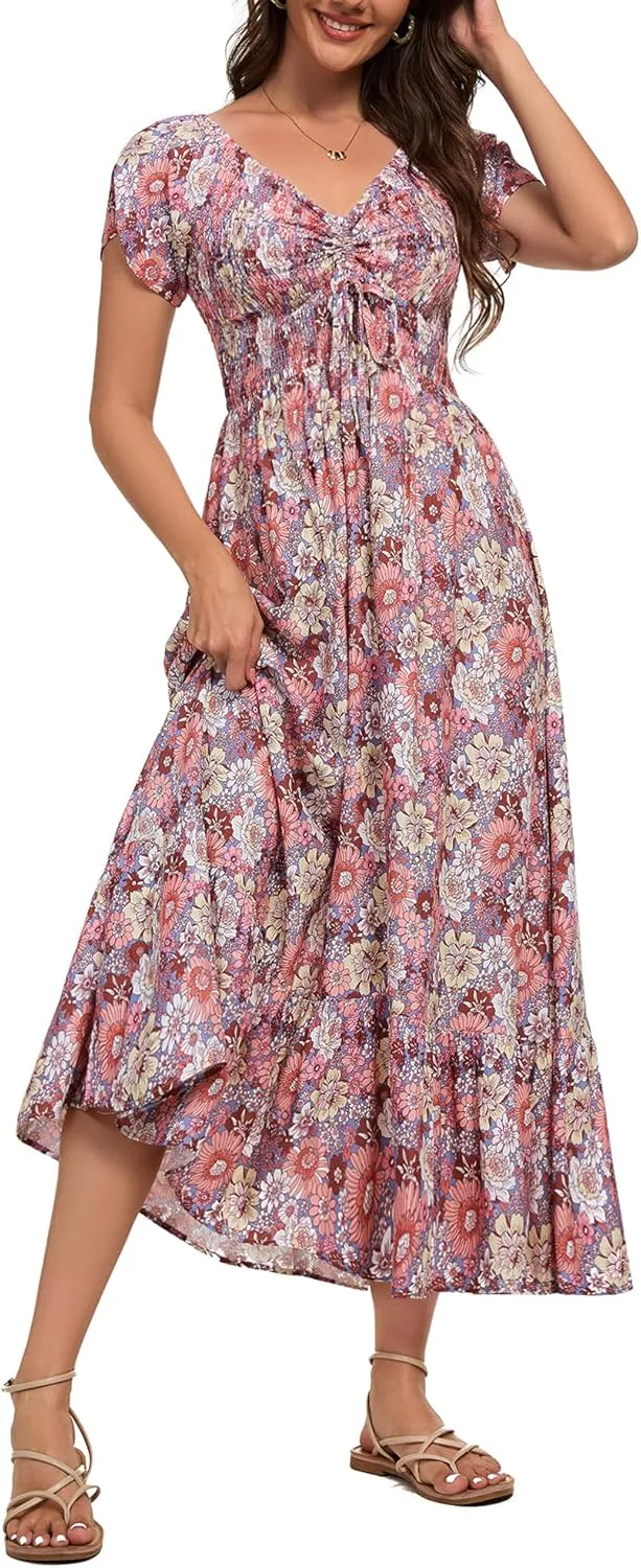 Women's Summer Casual Short Sleeve V Neck Smocked Elastic Waist Tiered Boho Floral Flowy Maxi Dress