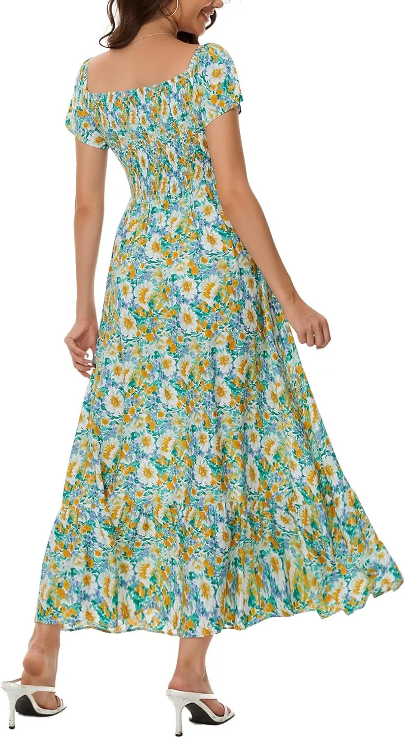 Women's Summer Casual Short Sleeve V Neck Smocked Elastic Waist Tiered Boho Floral Flowy Maxi Dress