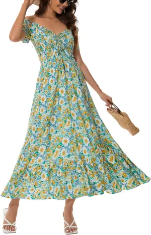 Women's Summer Casual Short Sleeve V Neck Smocked Elastic Waist Tiered Boho Floral Flowy Maxi Dress