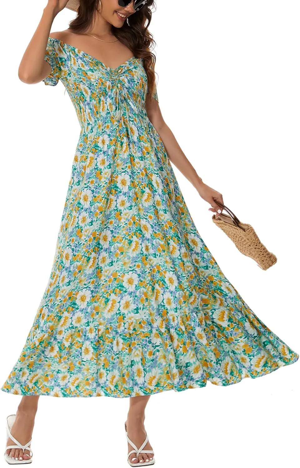 Women's Summer Casual Short Sleeve V Neck Smocked Elastic Waist Tiered Boho Floral Flowy Maxi Dress