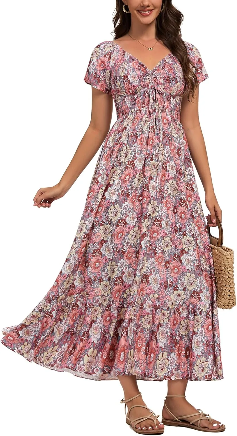 Women's Summer Casual Short Sleeve V Neck Smocked Elastic Waist Tiered Boho Floral Flowy Maxi Dress