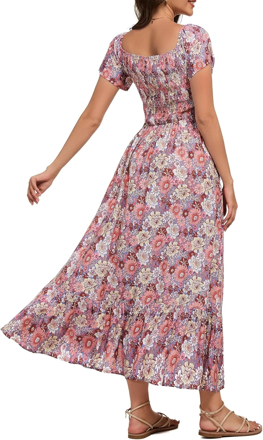 Women's Summer Casual Short Sleeve V Neck Smocked Elastic Waist Tiered Boho Floral Flowy Maxi Dress