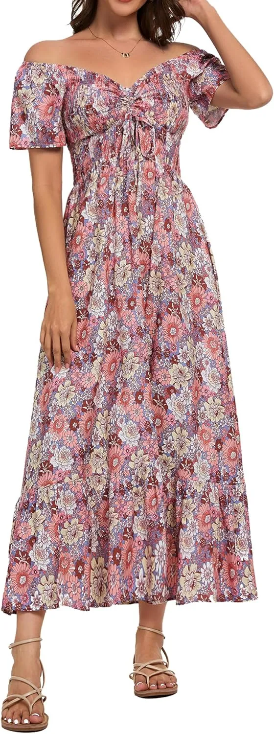 Women's Summer Casual Short Sleeve V Neck Smocked Elastic Waist Tiered Boho Floral Flowy Maxi Dress