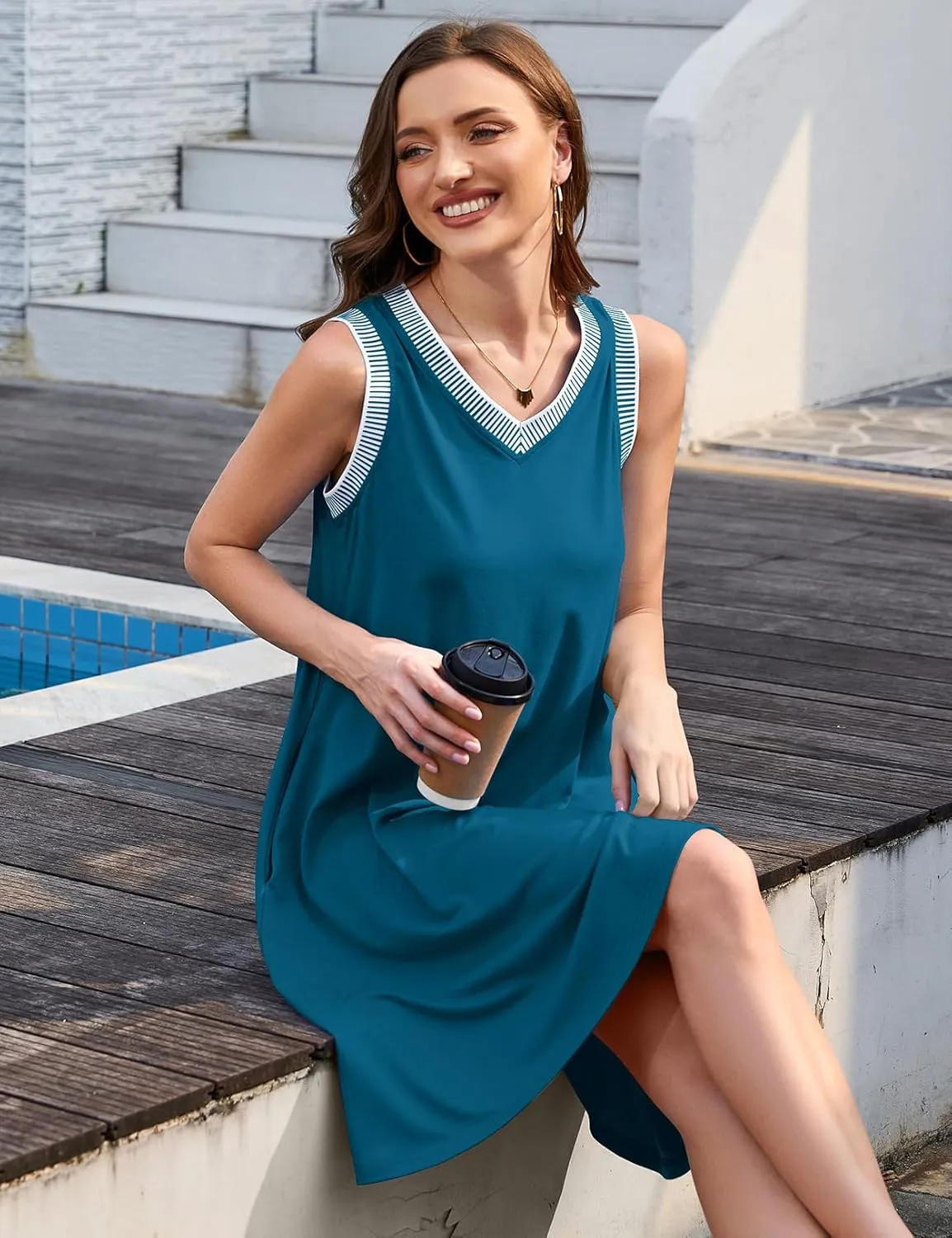Women's Summer Casual Sundresses 2025 Beach Vacation Sleeveless Striped Trim V Neck Mini Dresses with Pockets