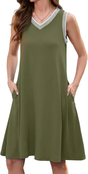 Women's Summer Casual Sundresses 2025 Beach Vacation Sleeveless Striped Trim V Neck Mini Dresses with Pockets