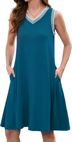 Women's Summer Casual Sundresses 2025 Beach Vacation Sleeveless Striped Trim V Neck Mini Dresses with Pockets