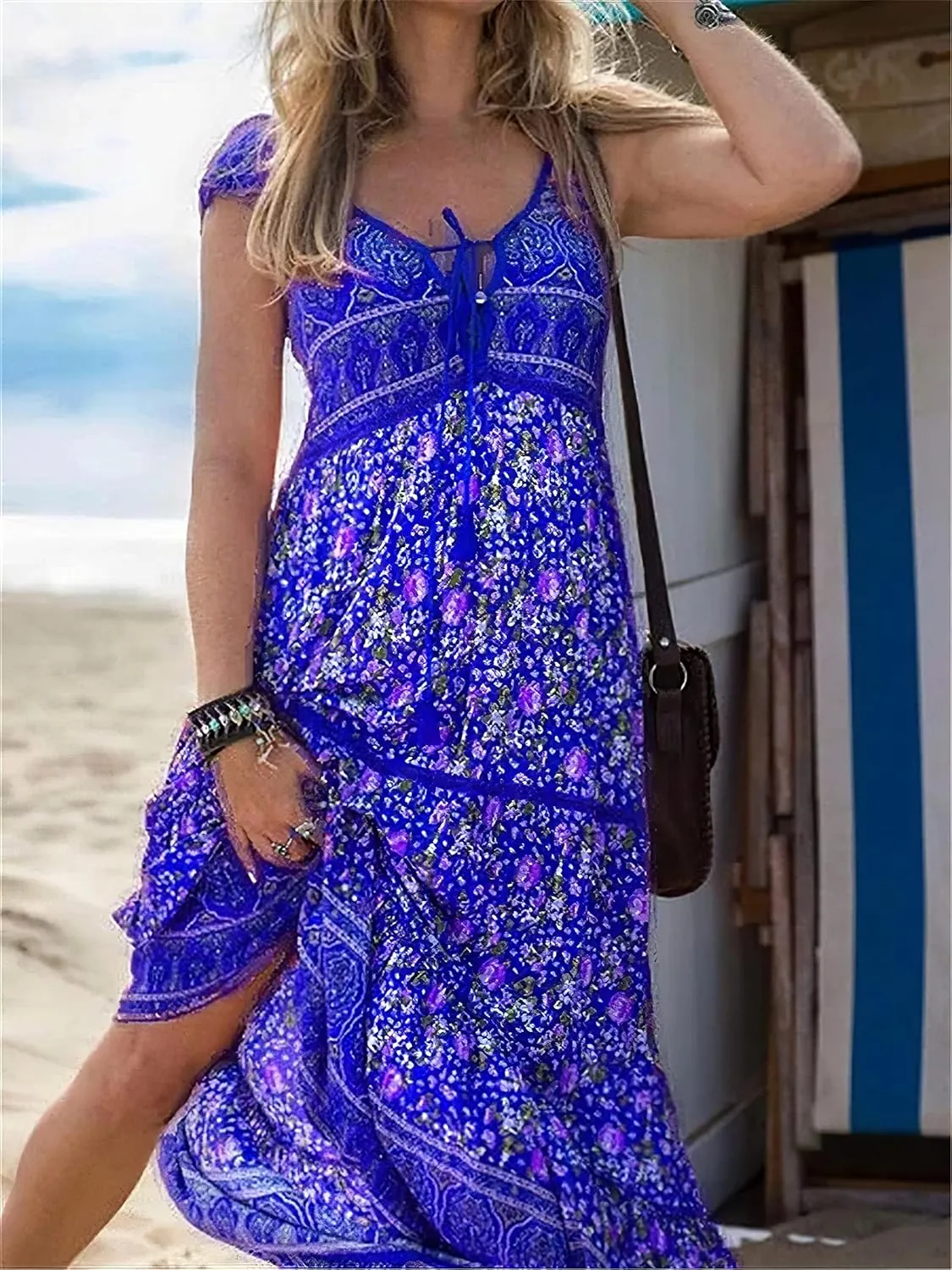 Womens Summer Chest Strap Sexy V Neck Boho Floral Dress Short Sleeve Beach Swing Midi Sundress