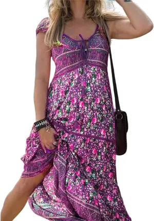Womens Summer Chest Strap Sexy V Neck Boho Floral Dress Short Sleeve Beach Swing Midi Sundress