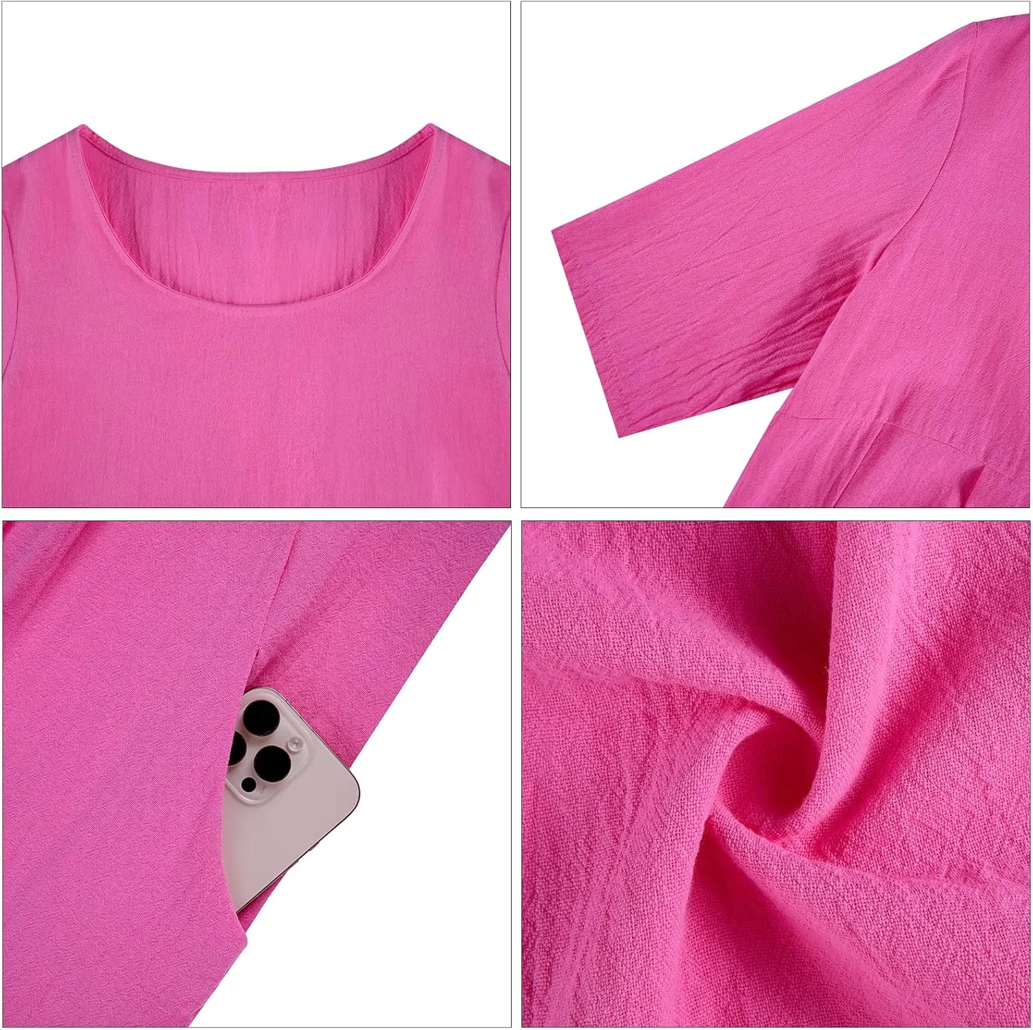 Women's Summer Cotton Linen Crewneck Half Sleeve Tshirt Dress Loose Tunic A Line Plus Size Midi Dresses with 2 Pockets