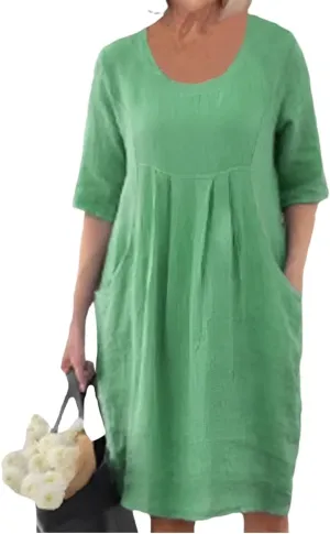 Women's Summer Cotton Linen Crewneck Half Sleeve Tshirt Dress Loose Tunic A Line Plus Size Midi Dresses with 2 Pockets