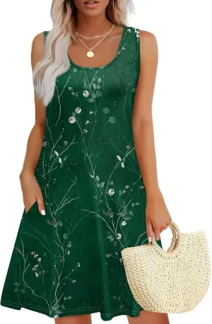 Womens Summer Dresses 2025 Beach Dresses Casual Sleeveless Floral Print Tank Sundress Loose Beach Dress with Pockets