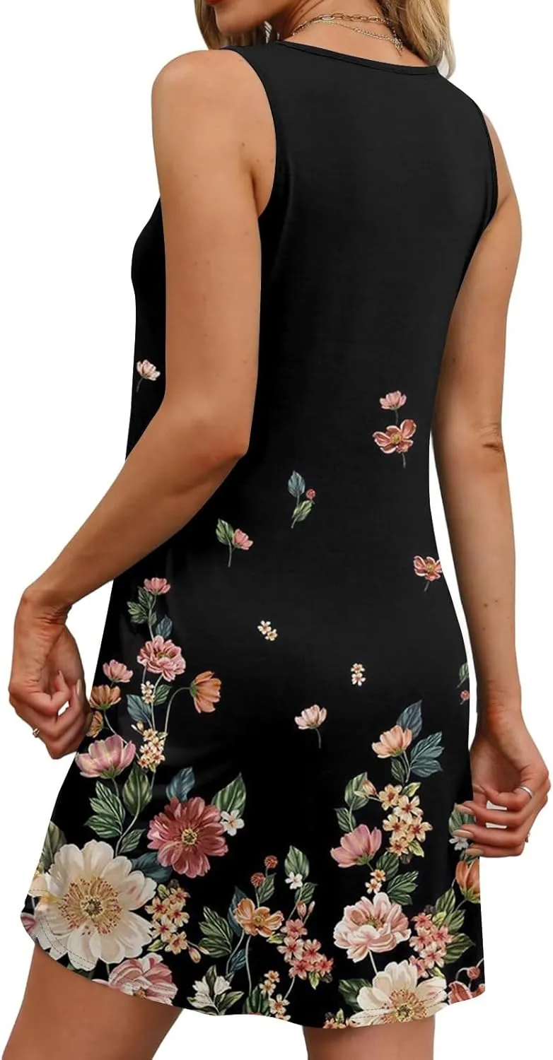 Womens Summer Dresses 2025 Beach Dresses Casual Sleeveless Floral Print Tank Sundress Loose Beach Dress with Pockets