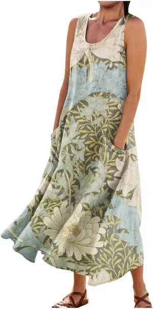 Womens Summer Dresses 2025 Sleeveless Scoop Neck Lightweight Loose Maxi Dress Casual A-Line Swing Long Sundress