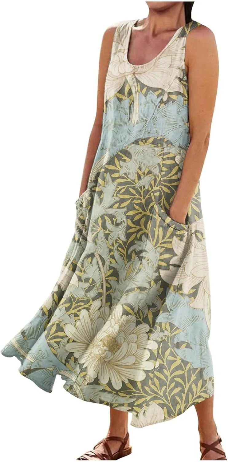 Womens Summer Dresses 2025 Sleeveless Scoop Neck Lightweight Loose Maxi Dress Casual A-Line Swing Long Sundress