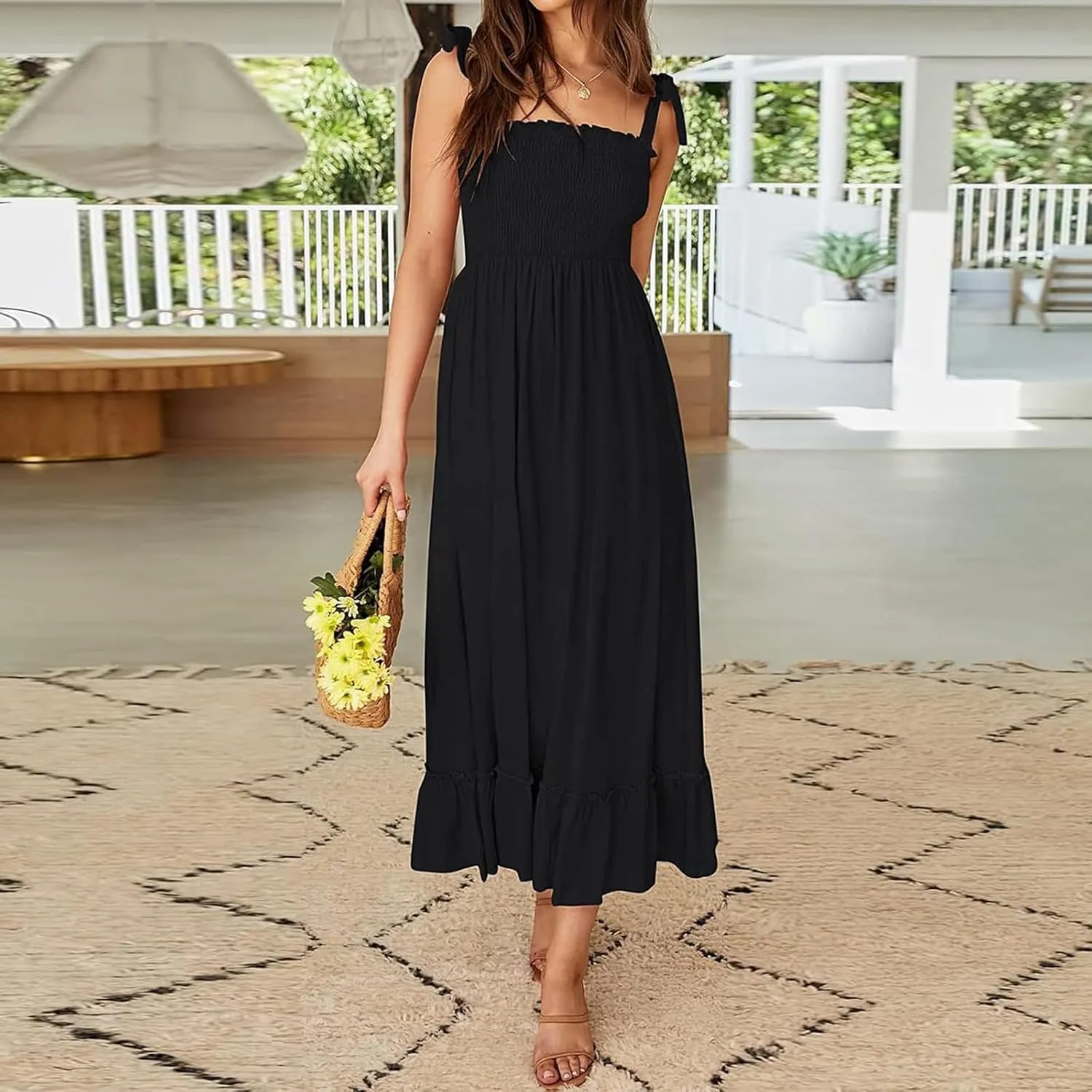 Women's Summer Dresses Casual Loose Square Neck Sleeveless Strap Maxi Dress Classic Solid Color Ruffle Hem Sundress