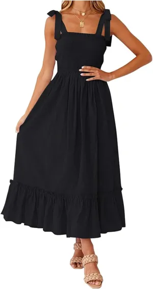 Women's Summer Dresses Casual Loose Square Neck Sleeveless Strap Maxi Dress Classic Solid Color Ruffle Hem Sundress