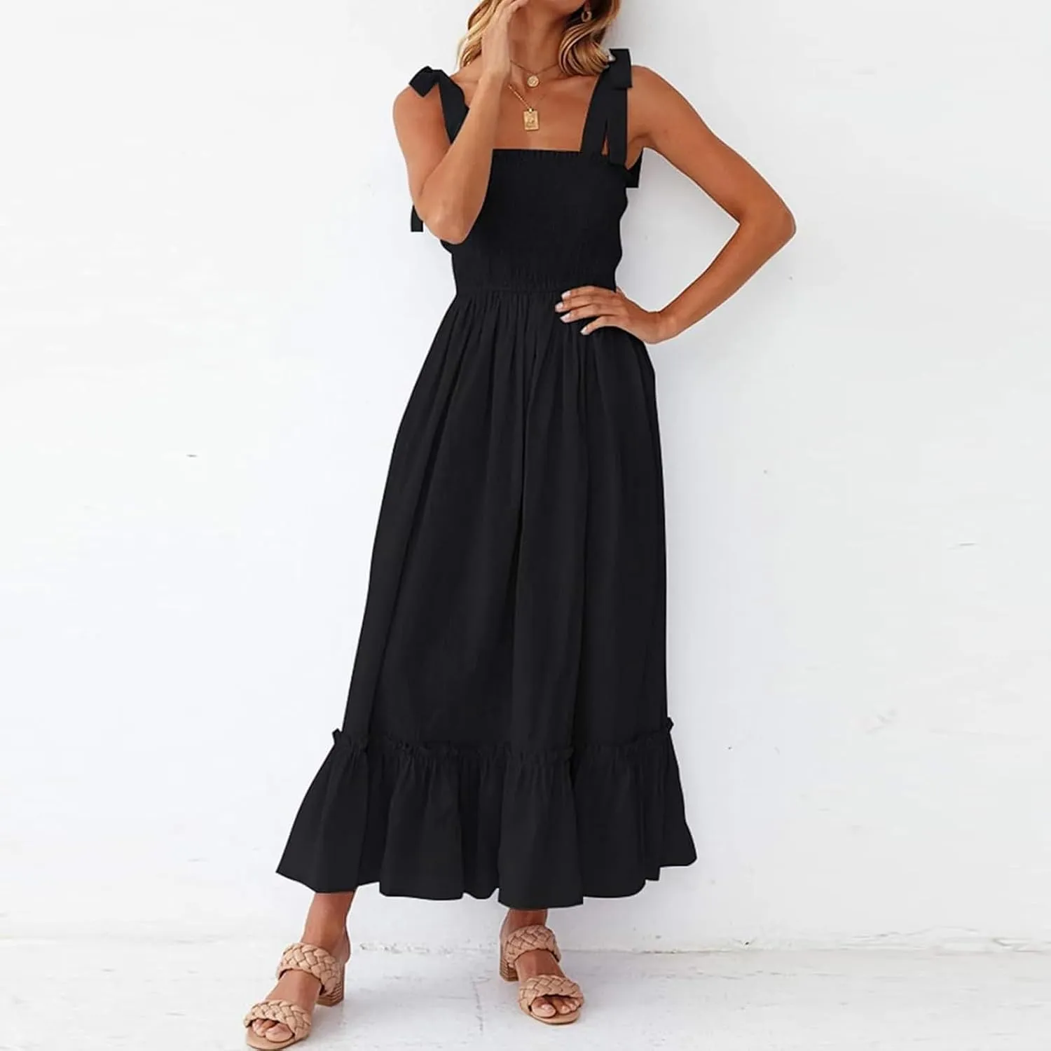 Women's Summer Dresses Casual Loose Square Neck Sleeveless Strap Maxi Dress Classic Solid Color Ruffle Hem Sundress