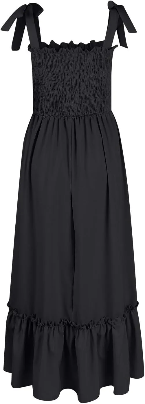 Women's Summer Dresses Casual Loose Square Neck Sleeveless Strap Maxi Dress Classic Solid Color Ruffle Hem Sundress