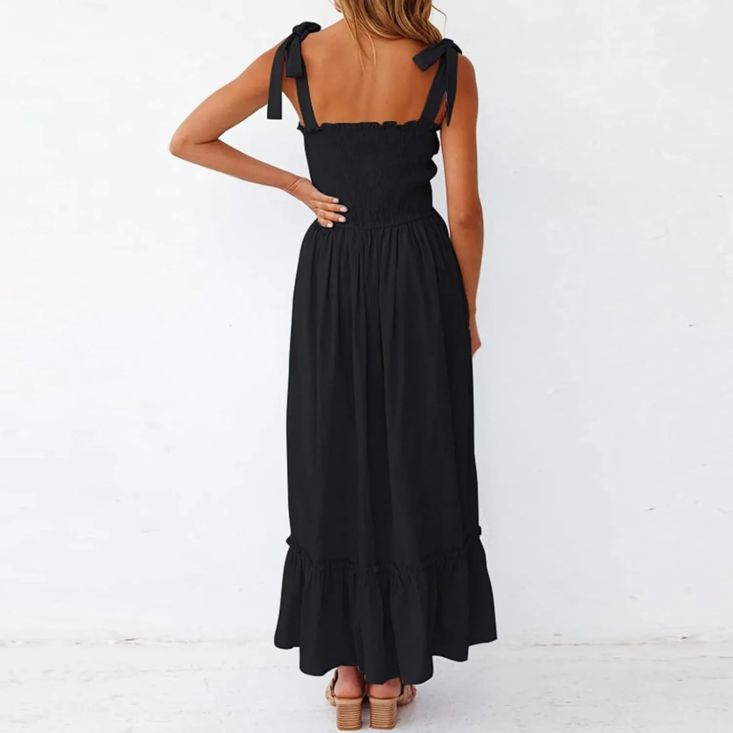 Women's Summer Dresses Casual Loose Square Neck Sleeveless Strap Maxi Dress Classic Solid Color Ruffle Hem Sundress