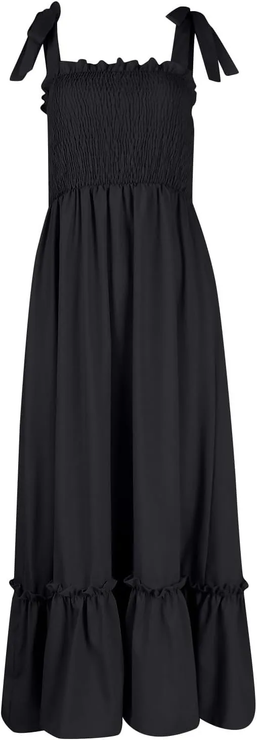 Women's Summer Dresses Casual Loose Square Neck Sleeveless Strap Maxi Dress Classic Solid Color Ruffle Hem Sundress