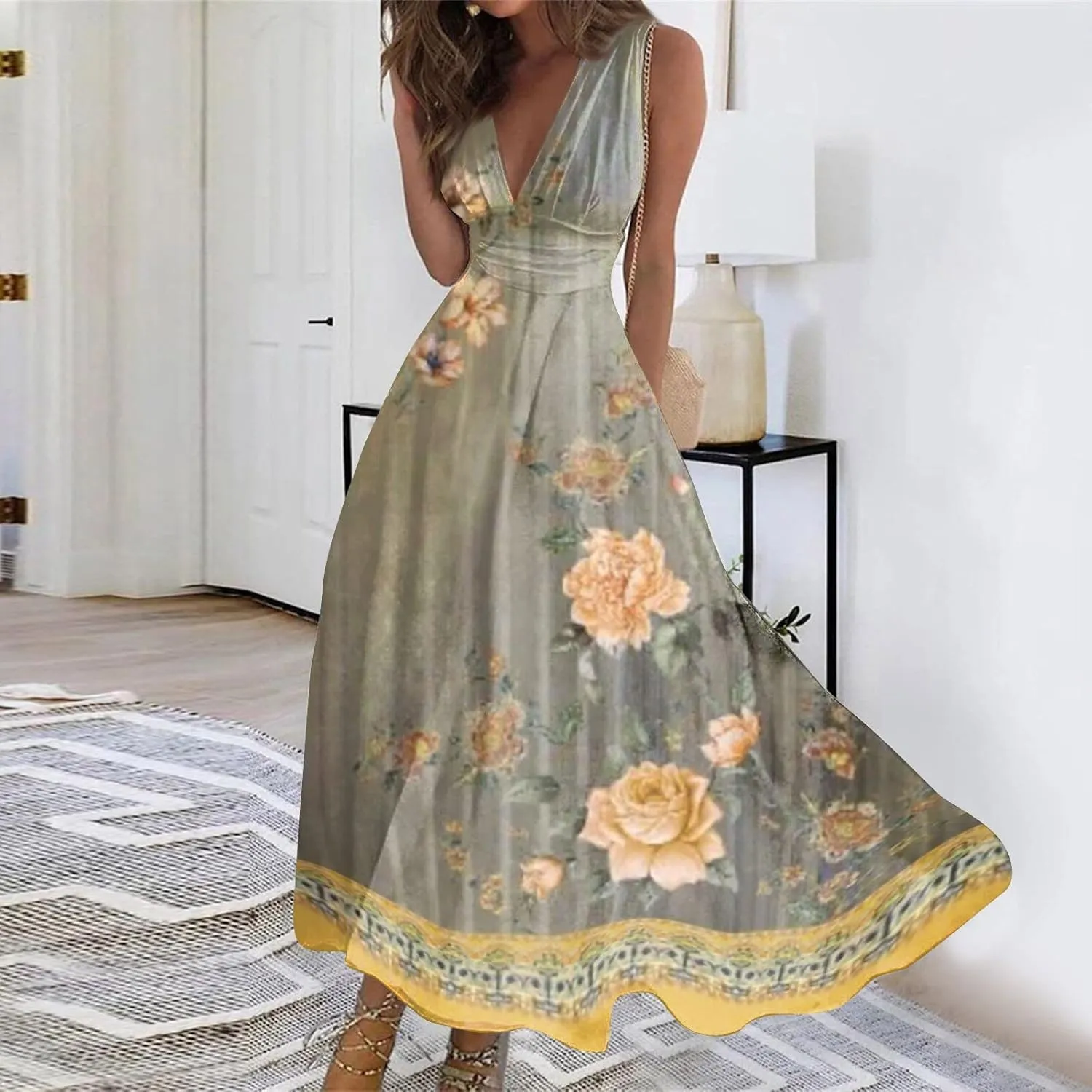 Womens Summer Dresses Floral Print Flowy Ruched Boho Dress Wrap V Neck Sleeveless Maxi Dress High Waist Sundress