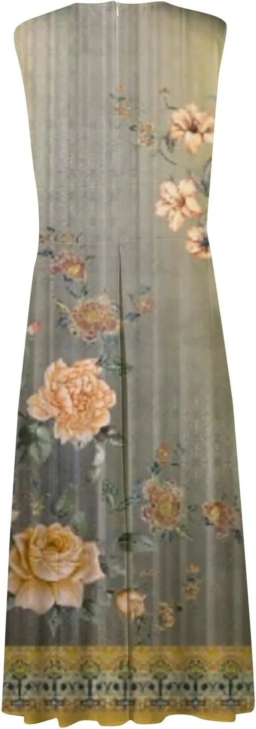 Womens Summer Dresses Floral Print Flowy Ruched Boho Dress Wrap V Neck Sleeveless Maxi Dress High Waist Sundress