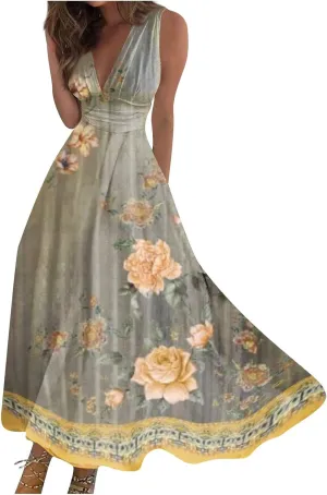 Womens Summer Dresses Floral Print Flowy Ruched Boho Dress Wrap V Neck Sleeveless Maxi Dress High Waist Sundress