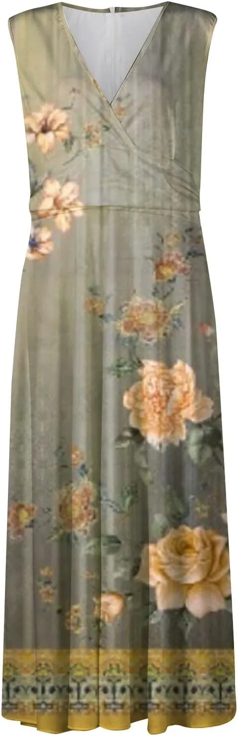 Womens Summer Dresses Floral Print Flowy Ruched Boho Dress Wrap V Neck Sleeveless Maxi Dress High Waist Sundress