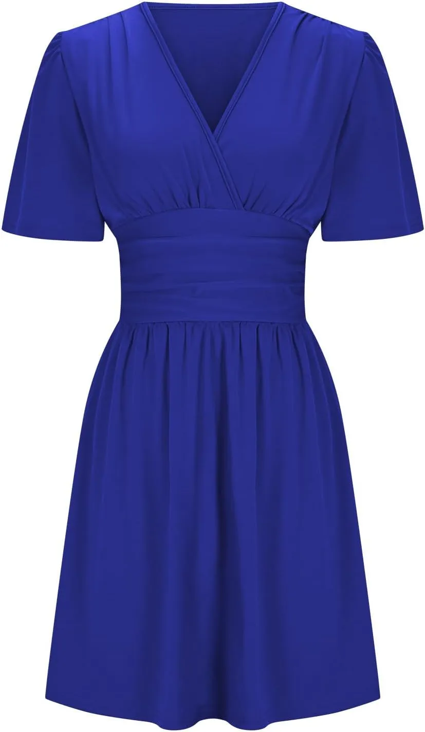 Womens Summer Dresses Ruffle Short Sleeve Wrap V Neck Ruched Waist Pleated A Line Short Mini Dress for Cocktail Party