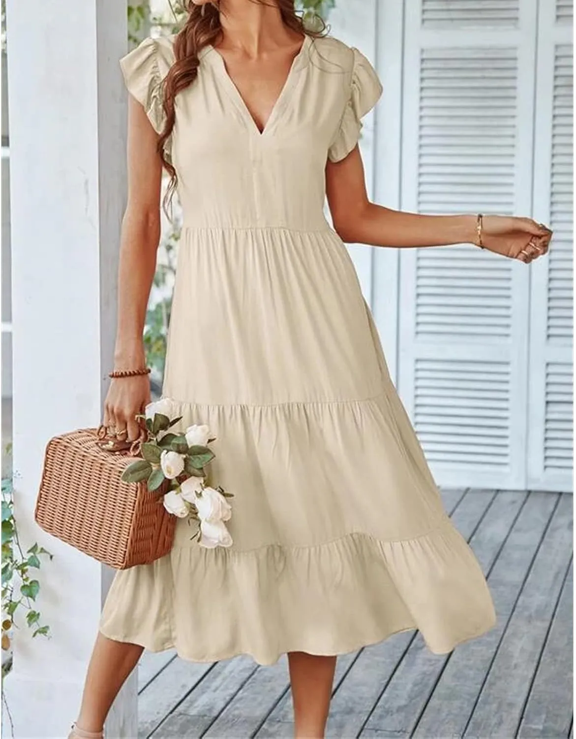 Womens Summer Dresses Ruffle Sleeve V Neck Midi Dress 2024 Fashion Casual Fit Flowy Tiered Boho Beach Sundress
