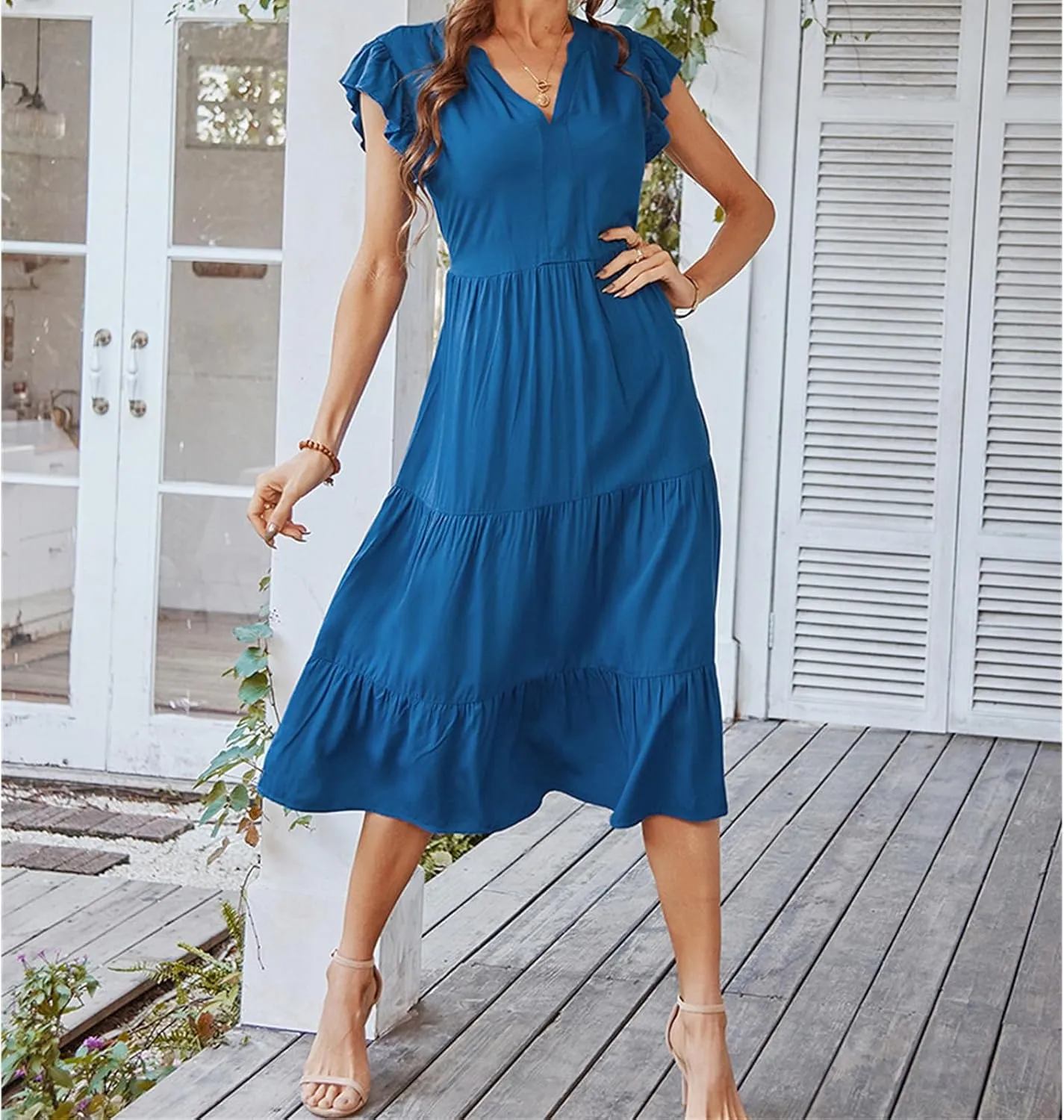 Womens Summer Dresses Ruffle Sleeve V Neck Midi Dress 2024 Fashion Casual Fit Flowy Tiered Boho Beach Sundress