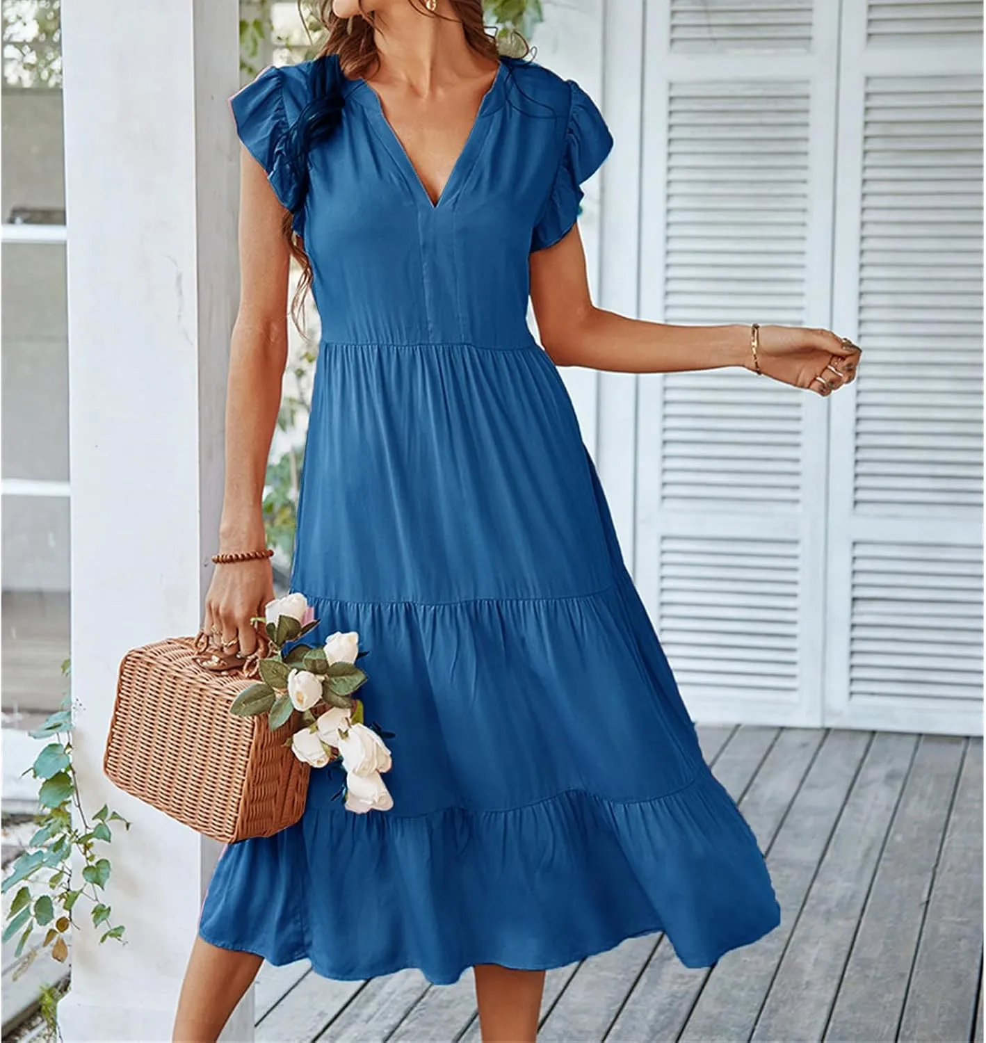 Womens Summer Dresses Ruffle Sleeve V Neck Midi Dress 2024 Fashion Casual Fit Flowy Tiered Boho Beach Sundress