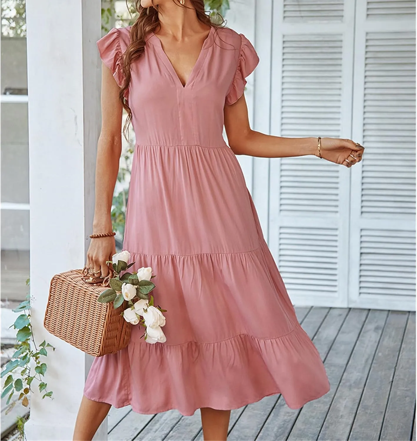 Womens Summer Dresses Ruffle Sleeve V Neck Midi Dress 2024 Fashion Casual Fit Flowy Tiered Boho Beach Sundress