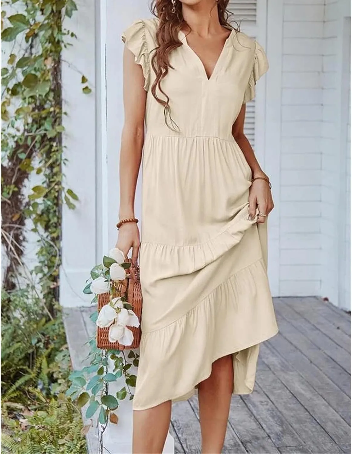 Womens Summer Dresses Ruffle Sleeve V Neck Midi Dress 2024 Fashion Casual Fit Flowy Tiered Boho Beach Sundress