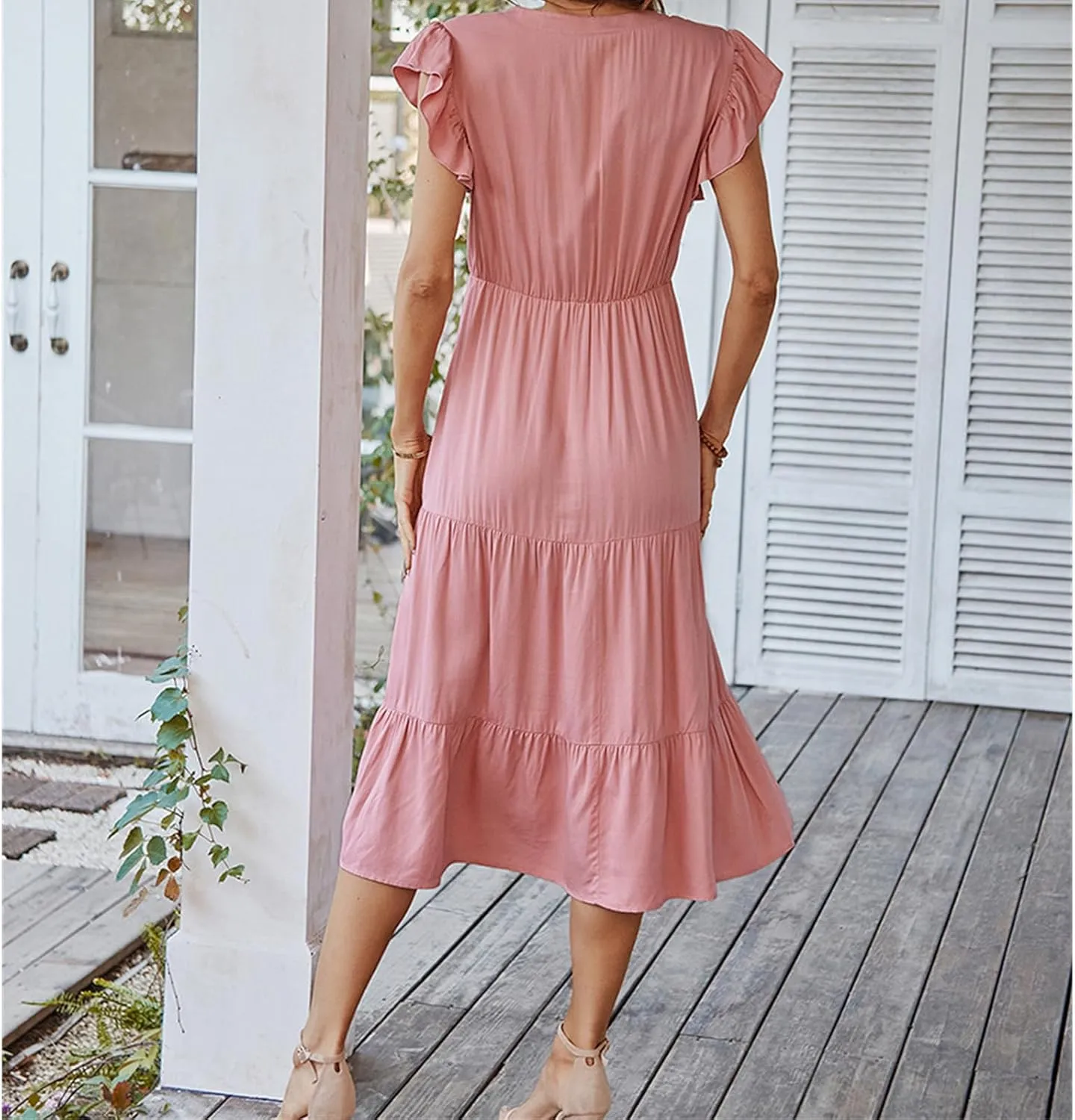 Womens Summer Dresses Ruffle Sleeve V Neck Midi Dress 2024 Fashion Casual Fit Flowy Tiered Boho Beach Sundress
