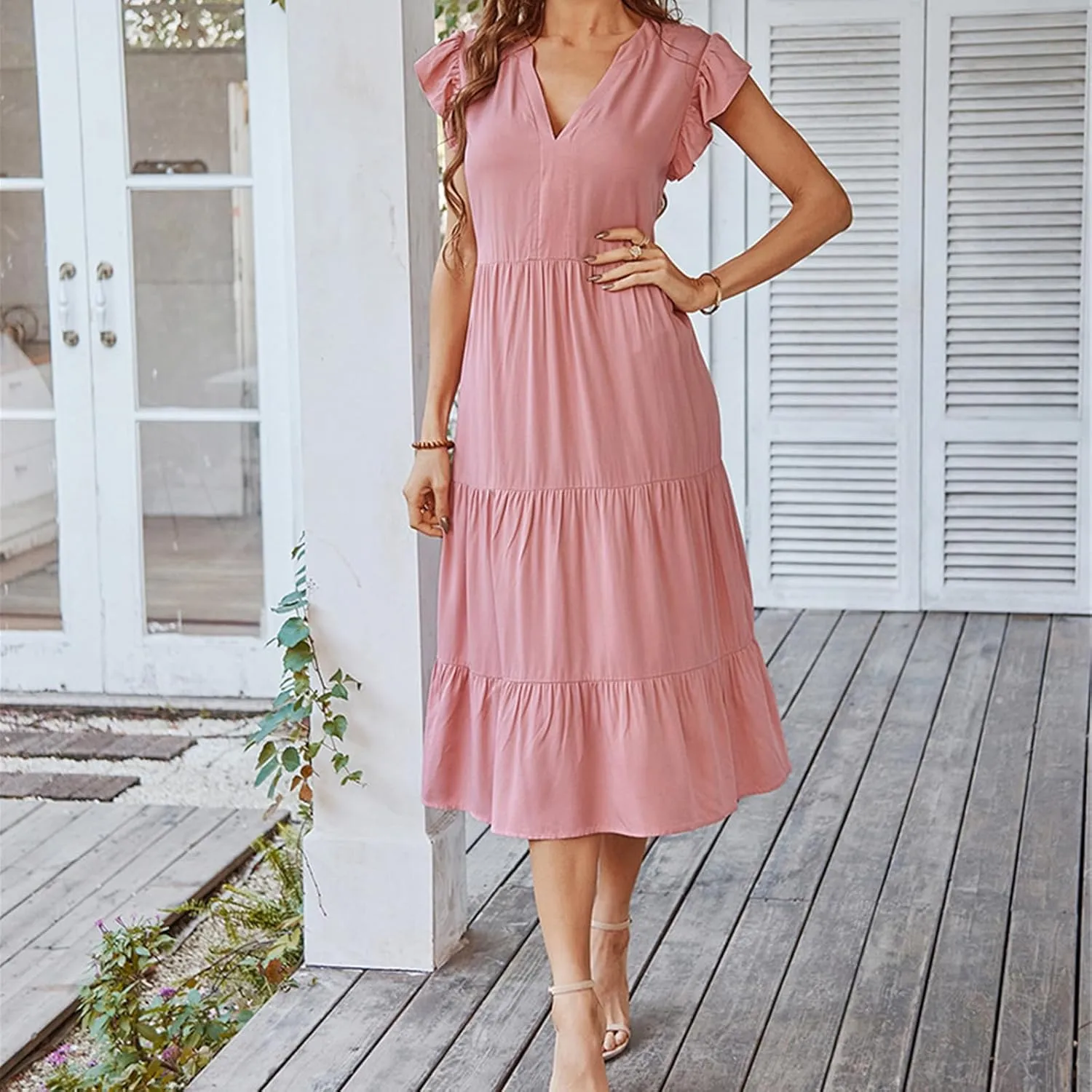 Womens Summer Dresses Ruffle Sleeve V Neck Midi Dress 2024 Fashion Casual Fit Flowy Tiered Boho Beach Sundress