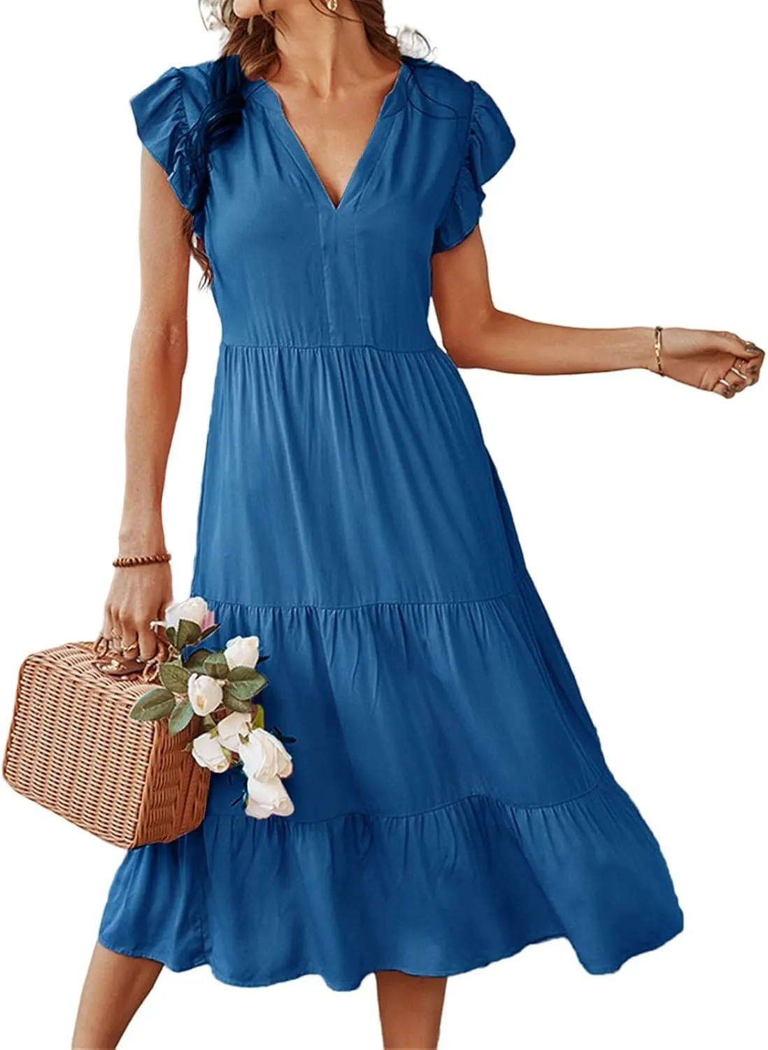 Womens Summer Dresses Ruffle Sleeve V Neck Midi Dress 2024 Fashion Casual Fit Flowy Tiered Boho Beach Sundress