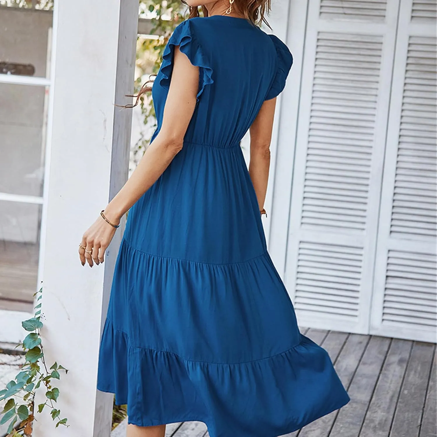 Womens Summer Dresses Ruffle Sleeve V Neck Midi Dress 2024 Fashion Casual Fit Flowy Tiered Boho Beach Sundress
