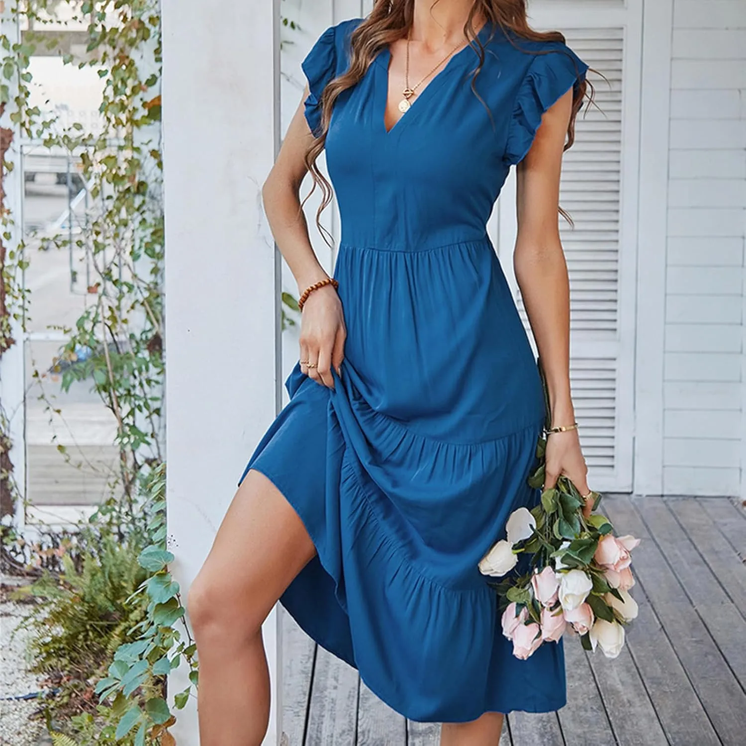 Womens Summer Dresses Ruffle Sleeve V Neck Midi Dress 2024 Fashion Casual Fit Flowy Tiered Boho Beach Sundress