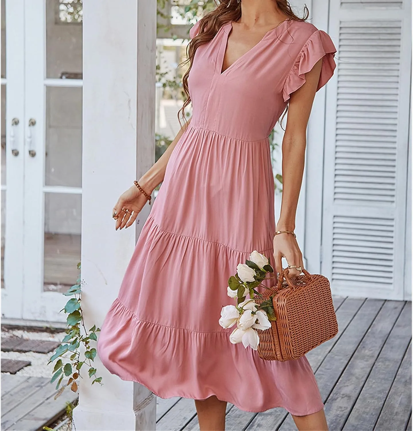 Womens Summer Dresses Ruffle Sleeve V Neck Midi Dress 2024 Fashion Casual Fit Flowy Tiered Boho Beach Sundress