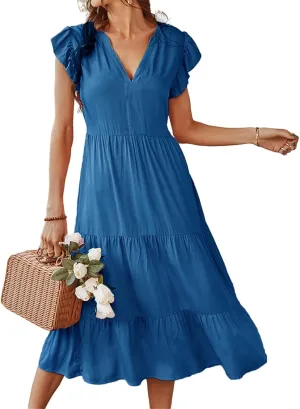 Womens Summer Dresses Ruffle Sleeve V Neck Midi Dress 2024 Fashion Casual Fit Flowy Tiered Boho Beach Sundress