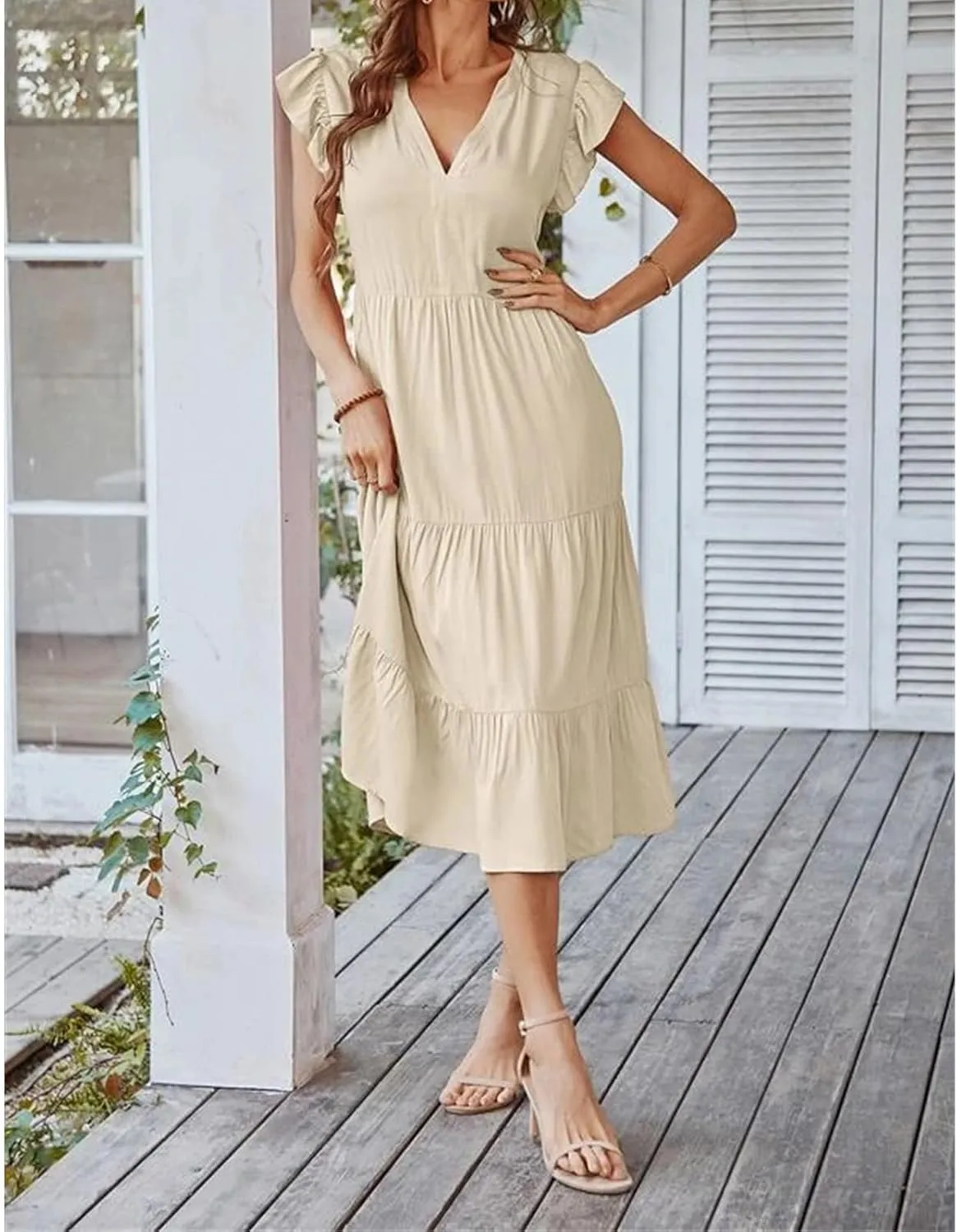 Womens Summer Dresses Ruffle Sleeve V Neck Midi Dress 2024 Fashion Casual Fit Flowy Tiered Boho Beach Sundress