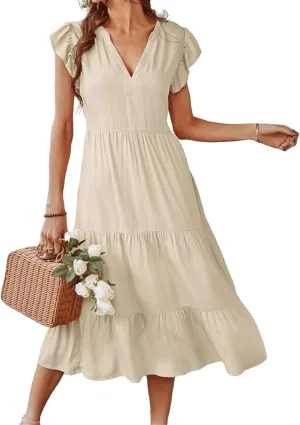 Womens Summer Dresses Ruffle Sleeve V Neck Midi Dress 2024 Fashion Casual Fit Flowy Tiered Boho Beach Sundress